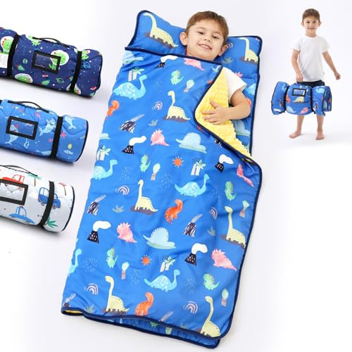 Schlafmatte mit Kissendecke-Set: marineblaue Dino-Schlafmatten für Kleinkinder, Kinder, dick, groß, aufrollbar, für Kindertagesstätte, Vorschule, Kindergarten, Jungen und Mädchen