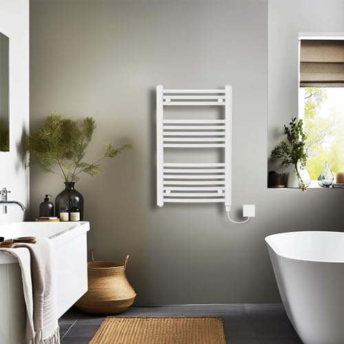 NRG Prefilled Electric Heated Curved Towel Rail Warmer Manual Bathroom White Radiator 500mm (W) x 800mm (H) - 400Watt