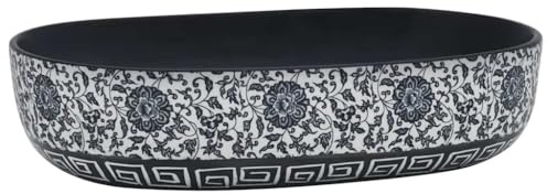 vidaXL Vasque à Poser, Évier de Salle de Bain avec Trou de Vidange, Lavabo avec Motifs Toilette Salle d'eau, Noir et Bleu Ovale 59x40x14 cm Céramique
