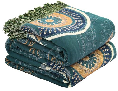 Wotcsil Plaid Coperta Boho Floreale in Cotone per Divano Letto Blanket Boho Coperta Reversibile Bohemien Copridivano Copriletto Poltrona Divano, Verde con Nappe, 150x200cm