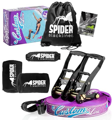 SPIDER SLACKLINE TKSA4 - Kit Slackline adulti - Kit slackline completo per equilibrio e divertimento - Fettuccia da 30m per tutte le età con 2 cricchetti