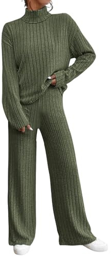Damen Zweiteilige Strick Langarm Rollkragen Gestrickt Oberteile Hosen Zweiteilige Elastisch Kuschelig Homewear Set Gerippt Strickpulli Rolli für Autumn Winter Loungewear Strickpullover
