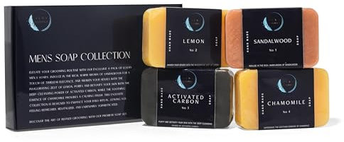 Aura Naturals Mens Soap Bar Pack of 4 - Sandalwood, Lemon, Activated Carbon & Chamomile Scented Men Soap Bar - 150g Exfoliating Soap for Men, Natural Body Soap Gift Set