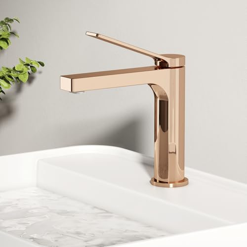 EMKE Wasserhahn Bad Rosengold, 195 x 173 x 46 mm, Messing, Keramikkartusche, Badarmatur, Mischbatterie Waschbecken-Armatur einfache Installation, Wasserhahn mit Luftsprudler, Waschtischarmatur