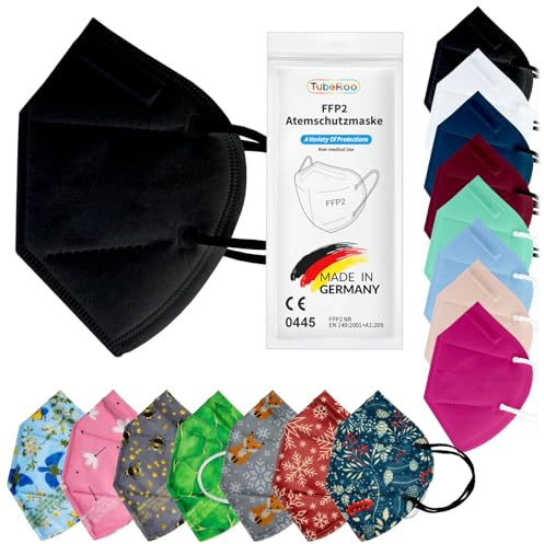 TubeRoo FFP2 Maske Bunt Farbig 5 Stück Set Masken Motiv Muster in Dunkelblau Blau Bordeaux Hellblau Pink Rot Grün Grau Weiß Schwarz, aus Deutschland, Made in Germany, Atemschutzmaske, Mundschutz