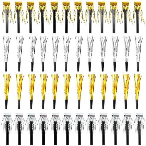 Trombette Festa Compleanno, Rumori per Feste - 36 Pezzi di Colore Argento e Oro con Nastri Scintillanti per Tutti Tipi di Feste e Eventi