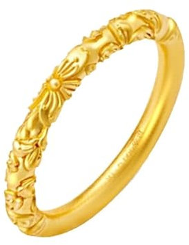KnSam Gelbgold Au999 24K Eheringe Echte Goldschmuck, Vintage Blumen Solitärring, Verlobungsring 999 Gold, Gr.61 (19.4)