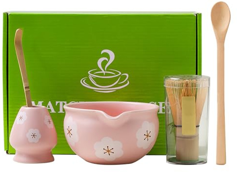 Ensemble fouet et bol à matcha avec fouet, fouet à matcha traditionnel et support pour fouet à matcha (rose)