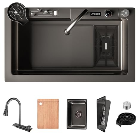 Fregadero Cocina 85x45cm con Soporte para Cuchillos, Fregadero de Acero Inoxidable 1 Seno, Fregadero Grande Sobre Encimera Multifuncional Cascada, Accesorios Incluidos, Diseño Moderno