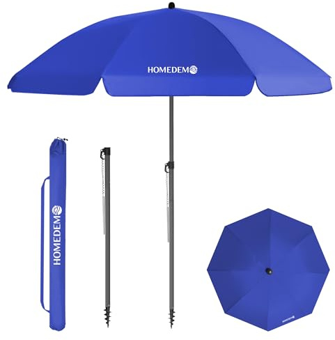 HOMEDEMO Parasol Plage Inclinable avec Revêtement Argenté, Protection Solaire UV50+, avec Pied d'ancrage à Visser & Housse de Protection, pour Terrasse, Piscine, Marché, 180cm, Bleu