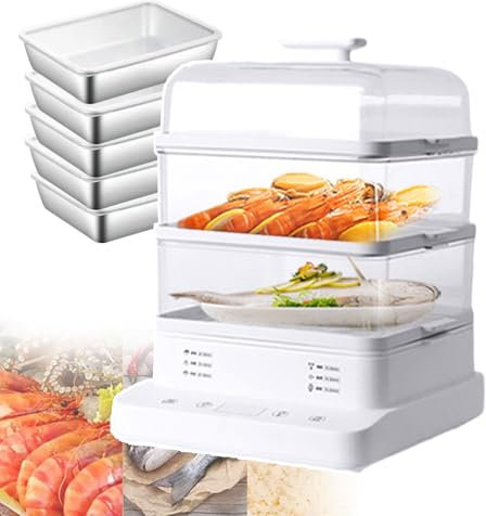 QUSYZD Vaporera eléctrica de 3 Capas con Rejilla de Acero Inoxidable, Calentador de Alimentos eléctrico Antiadherente para mariscos, pastas, Cereales, Pescado, Pollo y arroz, con 5 compartime,