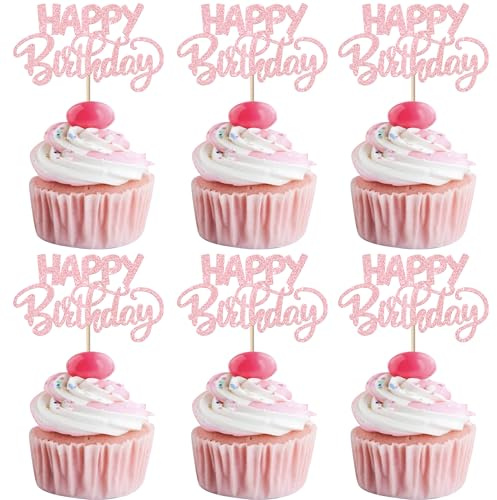 Xsstarmi 30 Pack Happy Birthday Cupcake Toppers Pink Glitter HBD Sign Theme Cupcake Picks for Boys Girls Men Women Birthday Celebration Party Cake Decorations Supplies