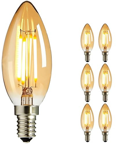 NUODIFAN LED Edison Glühbirne E14, 6x Vintage Kleine LED Kerze Birne Antike Lampe (Warmweiß 4W 2700K Amber Glas) Dekorative Retro Glühbirne Ideal für Kronleuchter Hänge Kristalllampe