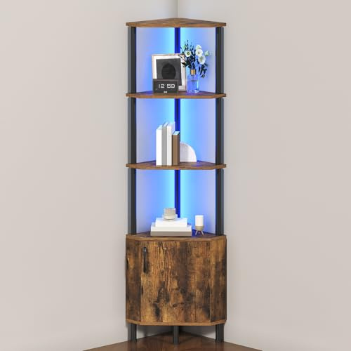 HOOBRO Libreria Verticale Angolare con LED e Mobile Contenitore, Scaffale Industriale da Esposizione, Pannelli a Motivo Diamante, per Soggiorno, Studio, Camera, Marrone Vintage e Nero EBF147DCJ01