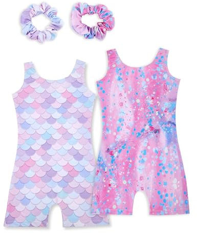 Tstiti Gymnastics Leotards for Girls 2 Pack Sparkly Kids Biketards Dance Unitards Matching Hair Scrunchies Mermaid Spots 4-5 T