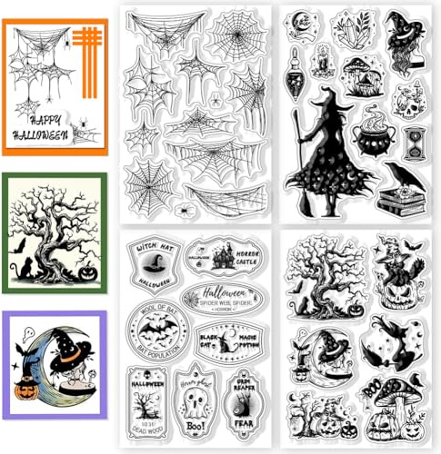 CHGCRAFT 4 Blatt Halloween Serie Klare Stempel Kürbis Transparente Stempel Hexe Silikon Klar Siegel für Kartenherstellung DIY Scrapbooking Fotoalbum Dekoration, 16×11 cm