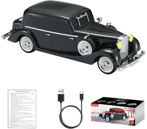 WSTER Altavoz Portatil Bluetooth WS-1934 para Coche clásico Retro Sonido HD inalámbrico con Radio FM, estéreo TWS, Luces LED de Fiesta, micrófono Integrado y Llamadas Manos Libres. (Negro) | Diseño sedán de lujo vintage, sonido HD y estéreo TWS, radio FM y reproducción USB/TF, luces LED, micrófono integrado