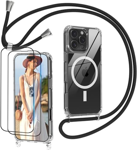 Nupcknn Magnétique Coque avec Cordon pour iPhone 16 Pro avec Magsafe,avec 2 Verre Trempé,Transparent Coque Collier Réglable Téléphone Étui Portable Lanyard Case Protection Complète Cover