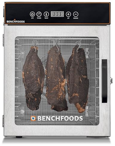 BenchFoods 10-Tray Domestic Biltong Dehydrator Bundle for Jerky | Small & Compact Stainless Steel Dehydrator with Precise Temperature and Time Adjustment | Hooks, Trays, Mats & Recipes Included