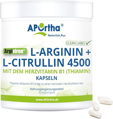 APOrtha® Argiviron® L-Arginin + L-Citrullin 4500 hochdosiert + Herzvitamin Vitamin B1, 360 vegane Kapseln, Hochdosiert im Verhältnis von 1,6 zu 1 von L-Arginin zu L-Citrullin, allergenfrei
