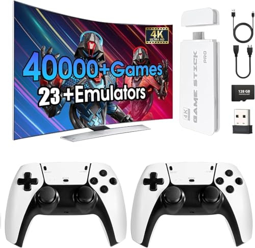 Consola de Juegos Retro, más de 40 000 Juegos y 23 emuladores, con Dos mandos inalámbricos 2.4G, Plug and Play 4K HD HDMI TV Game Stick Blanco (128 GB)