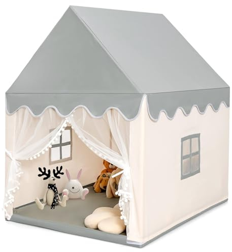 FANTASK Spielzelt Kinder, Kinderzelt Indoor mit Massivholzrahmen & Baumwolldecke, Kinderspielhaus Prinzessin für Jungen Mädchen, Spielhaus für Drinnen, 120x105x140cm (Beige+Grau)