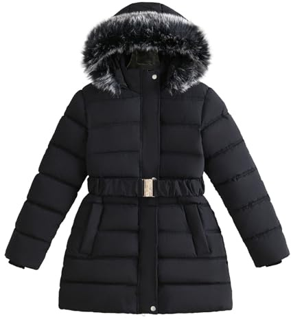 Momolaa 7-8 Years Kids Girls Winter Fleece Lined Puffer Jackets with Belt Hooded Parka Snow Coats with Removable Hood Waterproof Warm Long Parka Outerwear Black