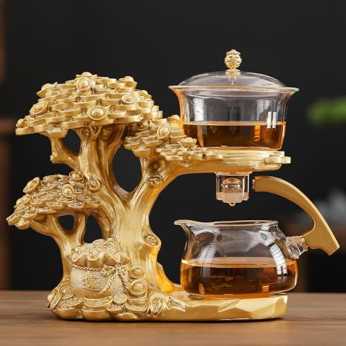 Glass Teapot Tea maker with Infuser Semi Automatic Tea 12 OZ Drip, Magic teapot (Golden Tree (Golden))