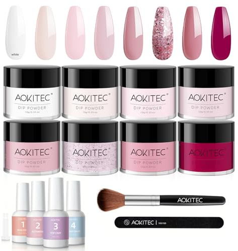 Aokitec 14 st dipping pulvernagelset, rosa magenta dopp akrylpulver med dip Base Top Activator penselsparare, dopppulver startset för naglar gör själv, gåva för kvinnor flickor