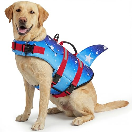 ASENKU Giubbotto Salvagente per Cani, Giubbotto Salvataggio Cane Squalo per Nuoto e Sport Acquatici, con Maniglia Superiore e Cintura di Sicurezza Regolabile, per Cani di Taglia Piccola Media Grande L