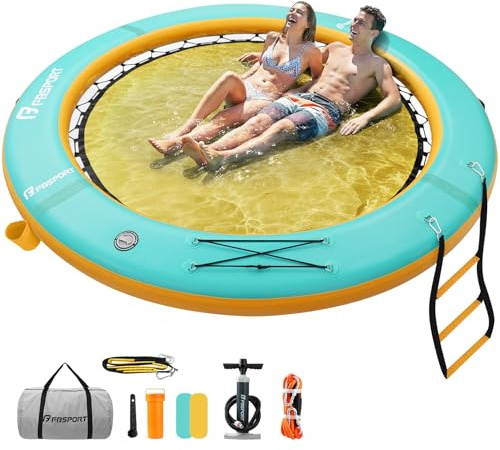 FBSPORT Amaca gonfiabile ad anello galleggiante, 2,4 m, piattaforma galleggiante per lago W/portabicchieri, galleggiante per sole, zattera, anello galleggiante per abbronzatura, piscina, sdraio isola