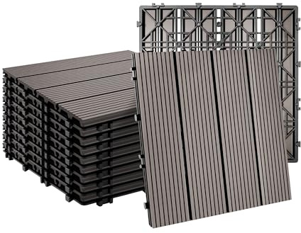 Relaxdays WPC Fliesen, 11 Stück, 30x30 cm, Balkonfliesen wetterfest, Terrassenplatten Klicksystem, 1 m², Holzoptik, grau