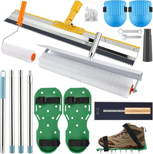 VeftBltrem Kit D'outils de Ciment Autonivelant, Rouleau à Pointes, Raclette Crantée 56cm, Chaussures à Clous, Manche Télescopique, Outils de Nivellement Sol Époxy, Kit D'outils de Ciment Autonivelant