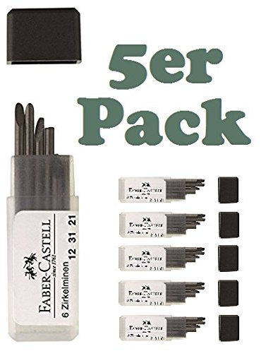 Faber-Castell Zirkelminendose, Ersatzminen für alle Zirkel universell passend Bleiminen mit angeschrägter Spitze, Härtegrad H, 25mm lang für alle Zirkelmodelle geeignet (5x 6er Dose)