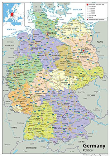 Politische Karte von Deutschland, Größe A2, 59,4 x 42 cm, laminiertes Papier