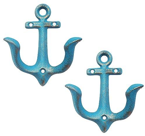 KiaoTime Set of 2 Blue Vintage Rustic Cast Iron Nautical Anchor Design Wall Hooks Coat Hooks Rack, Decorative Wall Mounted Antique Shabby Chic Metal Home Bath Room Towel Coat Hooks Hanger