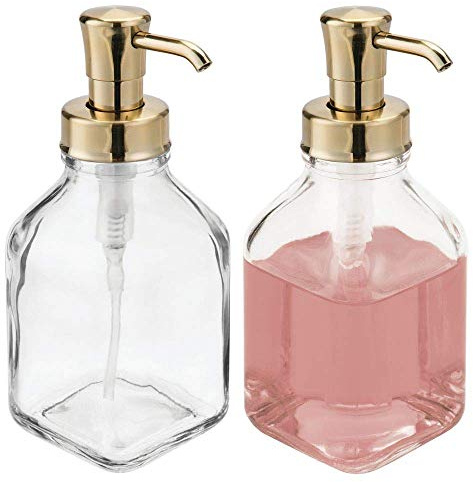 mDesign 2er-Set Seifenspender wiederbefüllbar – eckiger Pumpseifenspender aus Glas und Kunststoff – optimal für Küche oder als Badzubehör mit ca. 562 ml Füllmenge – durchsichtig/messingfarben