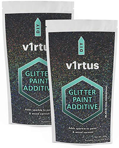 v1rtus 2X Glitter Paint Additive - Black Holographic | Metallic Flakes for Adding Sparkle to Paints & Wood Varnish | Add to Emulsion, Acrylic & Latex for Indoor Sparkly Walls | 100 g (x2)