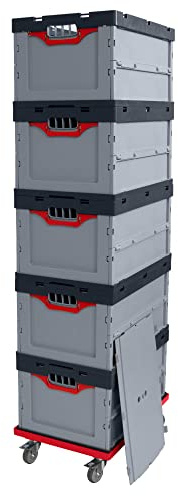 Auer Faltbox 5er Set FBD 64/32 + Deckel + Rollwagen | Kunststoffbox 60x40x32cm Box Klappbox stapelbar 67L | Lager-, Kommissionier- u. Transportboxen + Deckel + Transportroller rot