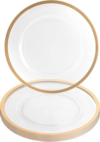 PARTY BARGAINS 13-Inch Charger Plates - 8 Pack, Clear Gold Rim, Heavy-Duty Disposable Chargers for Elegant Dining - Ideal for Weddings and Formal Events