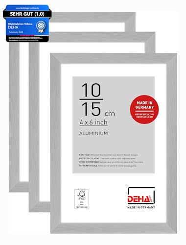 DEHA Design Aluminium Bilderrahmen Tribeca, 10 x 15 cm 2er Set, Silber | Aluminium Fotorahmen im Hoch- & Querformat zum Auftstellen Silber gebürstet bruchsicheres Kunstglas