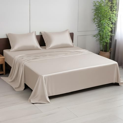 LINENWALAS Double Bamboo Bed Sheet Set, 300 Thread Count, Cooling Sateen Weave, 4 Piece Set, Double Size, Taupe