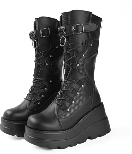 Gothniero Goth Platform Boots Knee High Black Gothic Boots Chunky Heel Holographic Buckles Booties Mid Calf Lace Up Combat Botas for Women 3UK-8UK