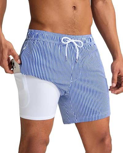 maamgic Mens Swim Trunks with Compression Liner 5 Inch, Quick Dry Bathing Suit with Zipper Pockets, Stretch No-Chafing Swim Shorts, Blue White Stripe Large
