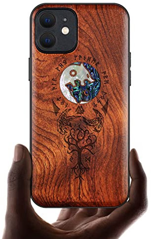 Carveit Bois Étui pour iPhone 12, (Rosé-Yin Yang-Loup)