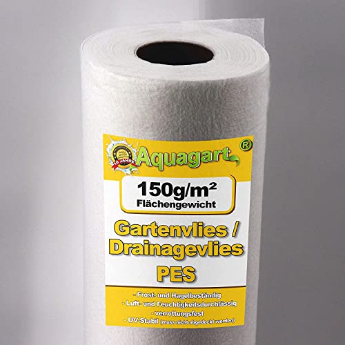 Aquagart Ogräsfleece vit – 150 g PES-dräneringsfleece I bästa skydd mot ogräs I trädgårdsfleece och ogräsbarriär I vattengenomtränglig ogräsfolie I robust skyddsfleece för trädgård och damm (25 m2 fleece)