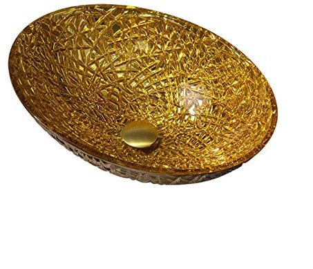 Melairya Ovales Waschbecken, künstlerisches Waschbecken aus gehärtetem Glas, Waschbecken-Kombination, Badezimmer-Schüssel (Color : Gold, Size : Basin+Pop Up Drain)