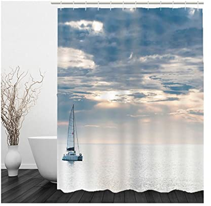 Duschvorhänge Textil, Shower Curtains Grau Blau 3D Ozean Segelboot Himmel Duschvorhang 180x180 Polyester Bad Vorhang Badezimmer Deko
