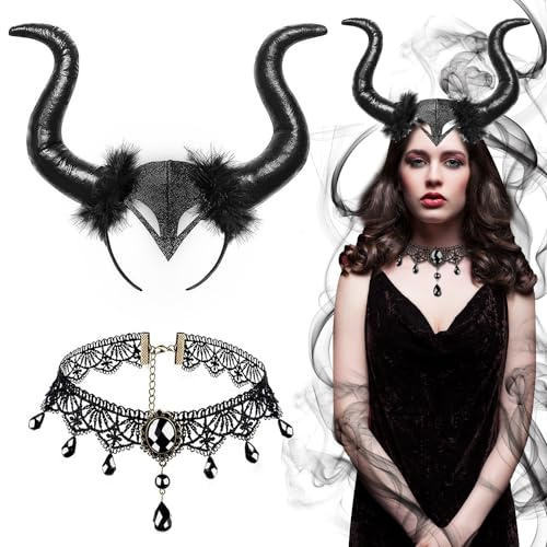 JOYUE 2 Stücke Königin Hörner Teufel Kopfschmuck & Gothic Halskette Spitze Halloween Böse Haarreif Schwarz Kopfschmuck Horn Maleficent Kostüm Damen für Karneval Maskerade Halloween Cosplay Party