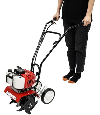 HINOPY 52CC Gartenfräse Benzin, 1.9KW 2 Takt Mini Benzin Motorhacke Radantrieb Ackerfräse Bodenfräse mit Sicherem Griff, 5cm Bodenbearbeitung Breite, 3-10cm Bearbeitungstiefe